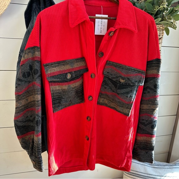 Red Corduroy Aztec Tribal Western Printed Shacket Shirt Jacket - Picture 2 of 7
